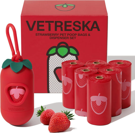 Dog Poop Bag Dispenser with Strawberry Scented Bags, Leak Proof, Extra Thick and Large Pet Waste Bags,1 Count Bag Holder and 105 Bags (7 Refill Rolls) for Walking Dog and Cats Litter, Red