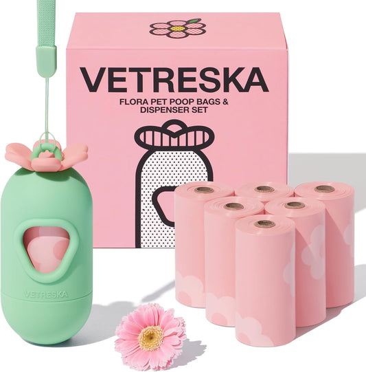 Dog Poop Bags with Dispenser, Lavender Scented, Guaranteed Leak Proof and Extra Thick Pet Waste Bags for Walking Dog and Cats Litter, 1 Bag Holder and 105 Bags (7 Refill Rolls)