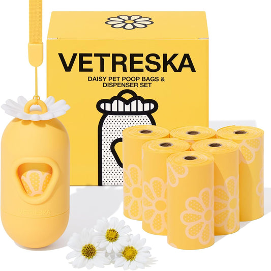 Dog Poop Bag Dispenser with Daisy Scented Waste Bags Leak-Proof and Extra Thick Poop Bags for Dog Walking and Cat Litter 1 Holder and 105 Bags (7 Refill Rolls)