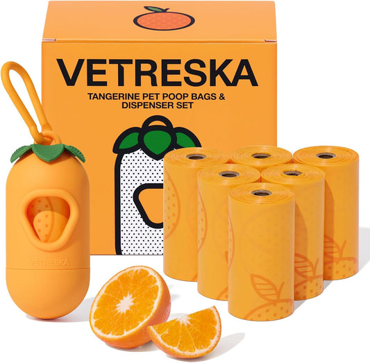 Dog Poop Bag Dispenser with Citrus Scented Waste Bags, Leak Proof, Extra Thick and Large Pet Poop Bags for Walking Dog and Cats Litter, 1 Count Holder and 105 Bags, Orange