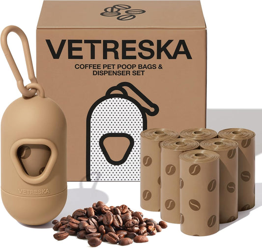 Dog Poop Bags Dispenser with Coffee Scented Waste Bags, Leak Proof, Extra Thick & Strong, 1 Holder and 105 Count Pet Poop Bags (7 Refill Rolls) for Dogs and Cats